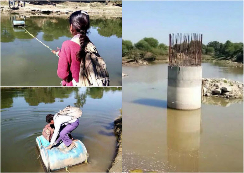 Индийские школьники вынуждены пересекать реку на пластиковых бочках