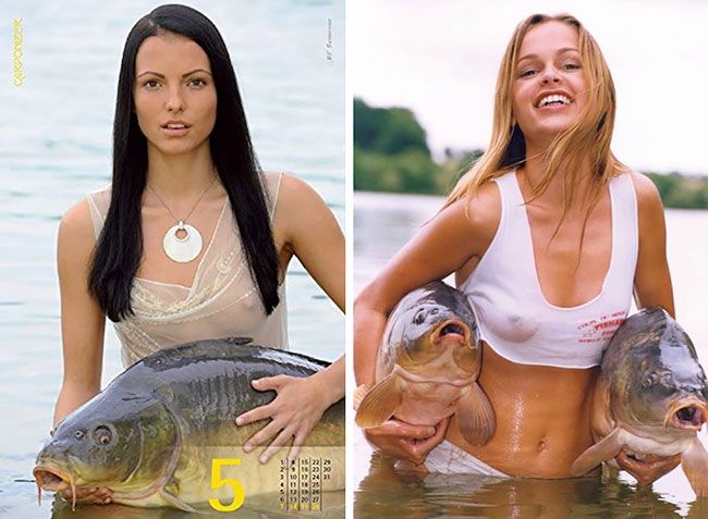 Календарь с полуобнаженными девушками в обнимку с карпами