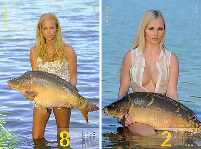 Календарь с полуобнаженными девушками в обнимку с карпами