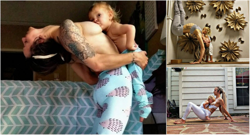 Мама троих детей занимается йогой и одновременно кормит грудью