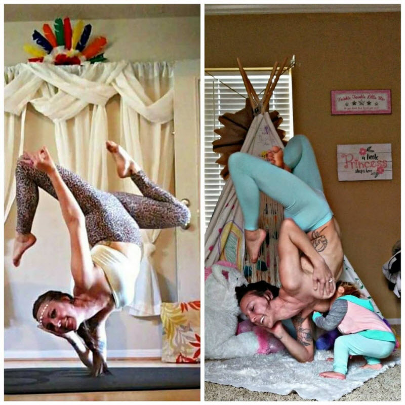 Мама троих детей занимается йогой и одновременно кормит грудью