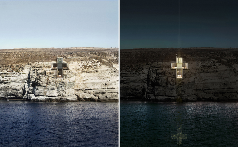 Часовня в форме креста над обрывом в скале