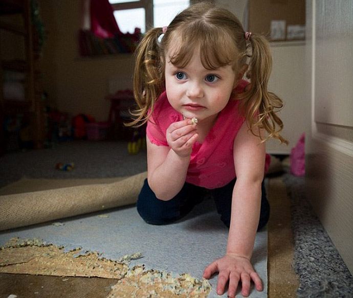 4-летняя девочка ест ковер