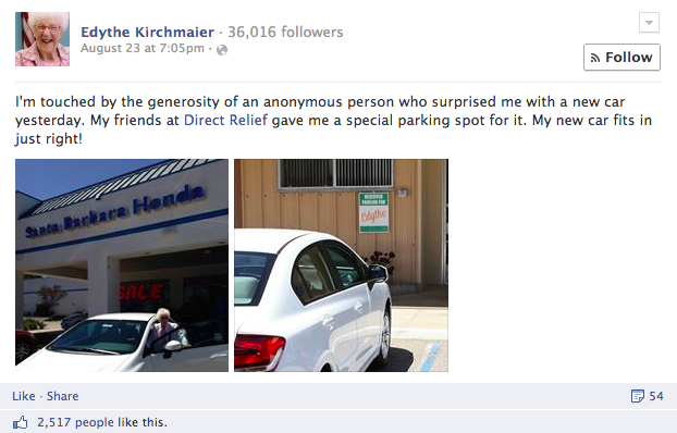 Старейшая пользовательница Facebook получила авто в подарок от анонима!