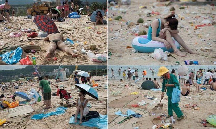 Китайский пляж превратился в свалку после праздника лодок-драконов