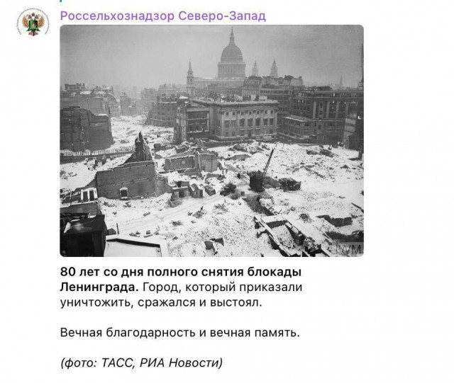 Северо-Западный Россельхознадзор отметил годовщину окончания блокады Ленинграда, опубликовав фото Лондона