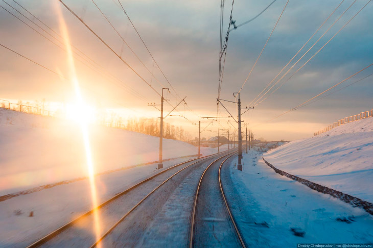 Закат из кабины электропоезда